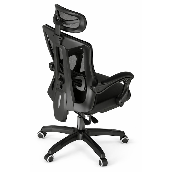 Офис/гейминг стол, Ергономичен, черен, мрежеста облегалка, 2D облегалка за глава, лумбална опора, 120 кг