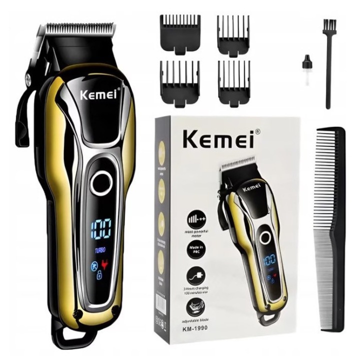 Aparat de tuns Kemei KM 1990 fara fir acumulator 2000 mAh display LCD lama inox