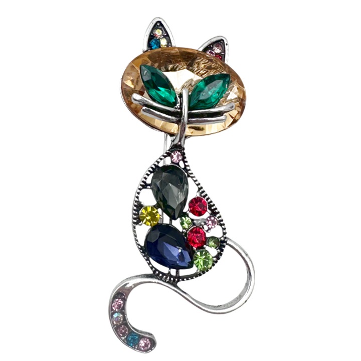 Brosă pisică eleganta, PRAVALIA CU SURPRIZE, multicolor, 6.5 cm