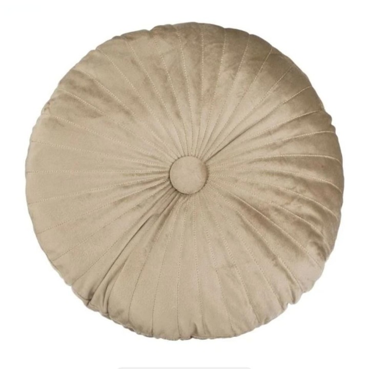 Perna decorativa pentru canapea, catifelata bej cu nasture, Ø38x10cm