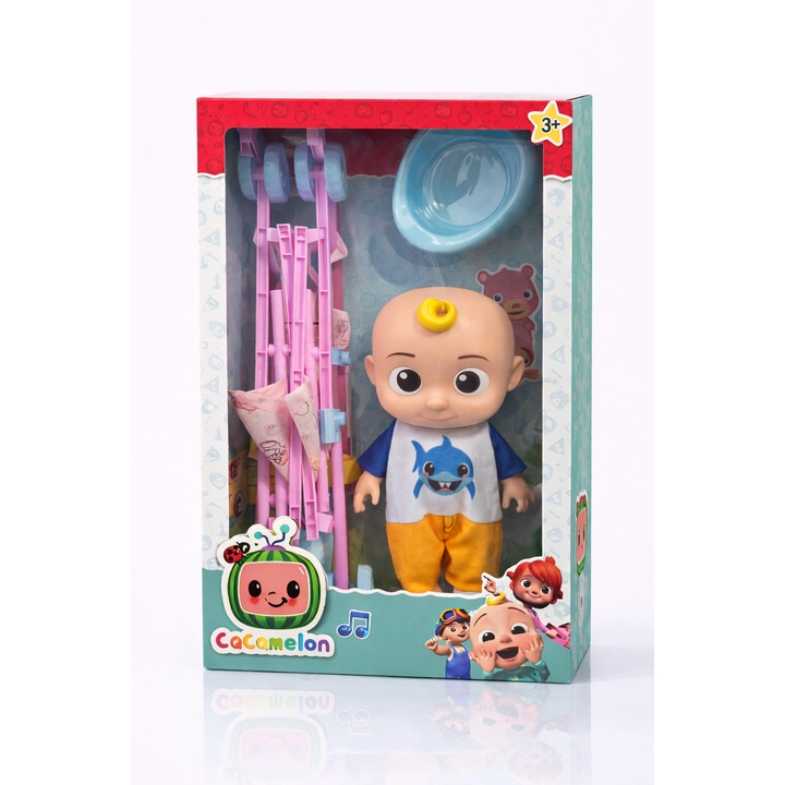 Set Jucarie Cocomelon – Papusa JJ cu Sunete, Olita si Carucior Pliabil, Joc de Rol Educativ pentru Copii 3+, Cadou Ideal
