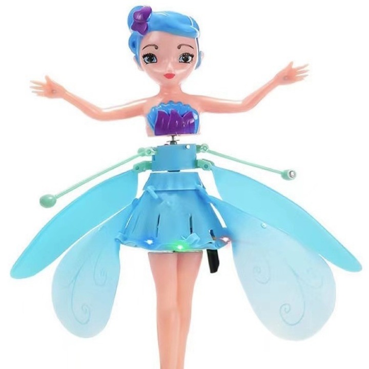 Interaktív repülő baba, színes fények, USB töltés, 19x15cm, Kék, AdCos