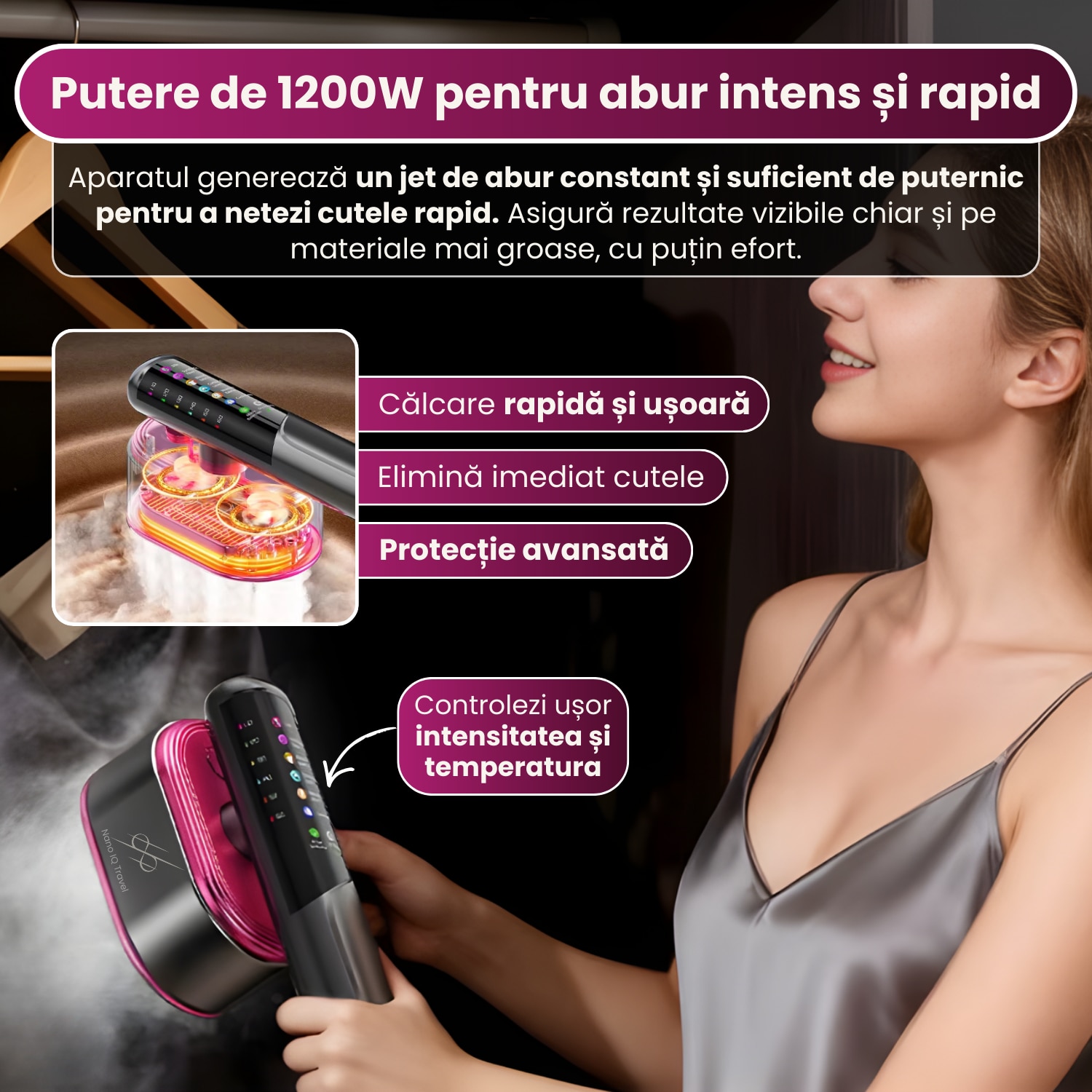 Pachet promo: Aparat de calcat vertical cu aburi Rapaz Nano IQ Travel, portabil si ultrausor, putere de 1200W, talpa ceramica premium, rezervor 130 ml, moduri inteligente pentru toate materialele, utilizare verticala si orizontala, ideal acasa/calatorii, gri ant + Covoras termorezistent THERMOMAT COVER, 60X55 cm calcat haine, rezistenta la caldura, anti-alunecare, antiaderent, pliabil si usor de folosit oriunde – ideal pentru acasa sau calatorii