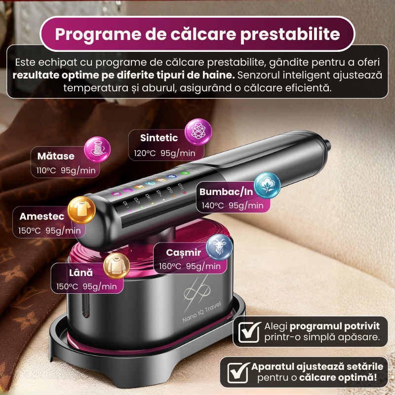 Pachet promo: Aparat de calcat vertical cu aburi Rapaz Nano IQ Travel, portabil si ultrausor, putere de 1200W, talpa ceramica premium, rezervor 130 ml, moduri inteligente pentru toate materialele, utilizare verticala si orizontala, ideal acasa/calatorii, gri ant + Covoras termorezistent THERMOMAT COVER, 60X55 cm calcat haine, rezistenta la caldura, anti-alunecare, antiaderent, pliabil si usor de folosit oriunde – ideal pentru acasa sau calatorii
