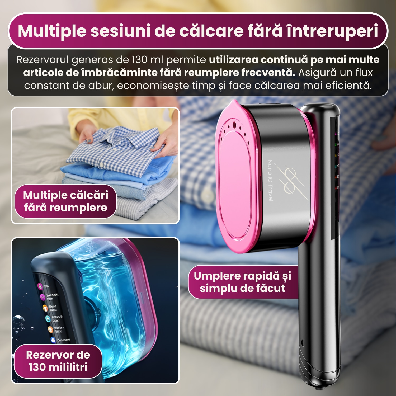 Pachet promo: Aparat de calcat vertical cu aburi Rapaz Nano IQ Travel, portabil si ultrausor, putere de 1200W, talpa ceramica premium, rezervor 130 ml, moduri inteligente pentru toate materialele, utilizare verticala si orizontala, ideal acasa/calatorii, gri ant + Covoras termorezistent THERMOMAT COVER, 60X55 cm calcat haine, rezistenta la caldura, anti-alunecare, antiaderent, pliabil si usor de folosit oriunde – ideal pentru acasa sau calatorii