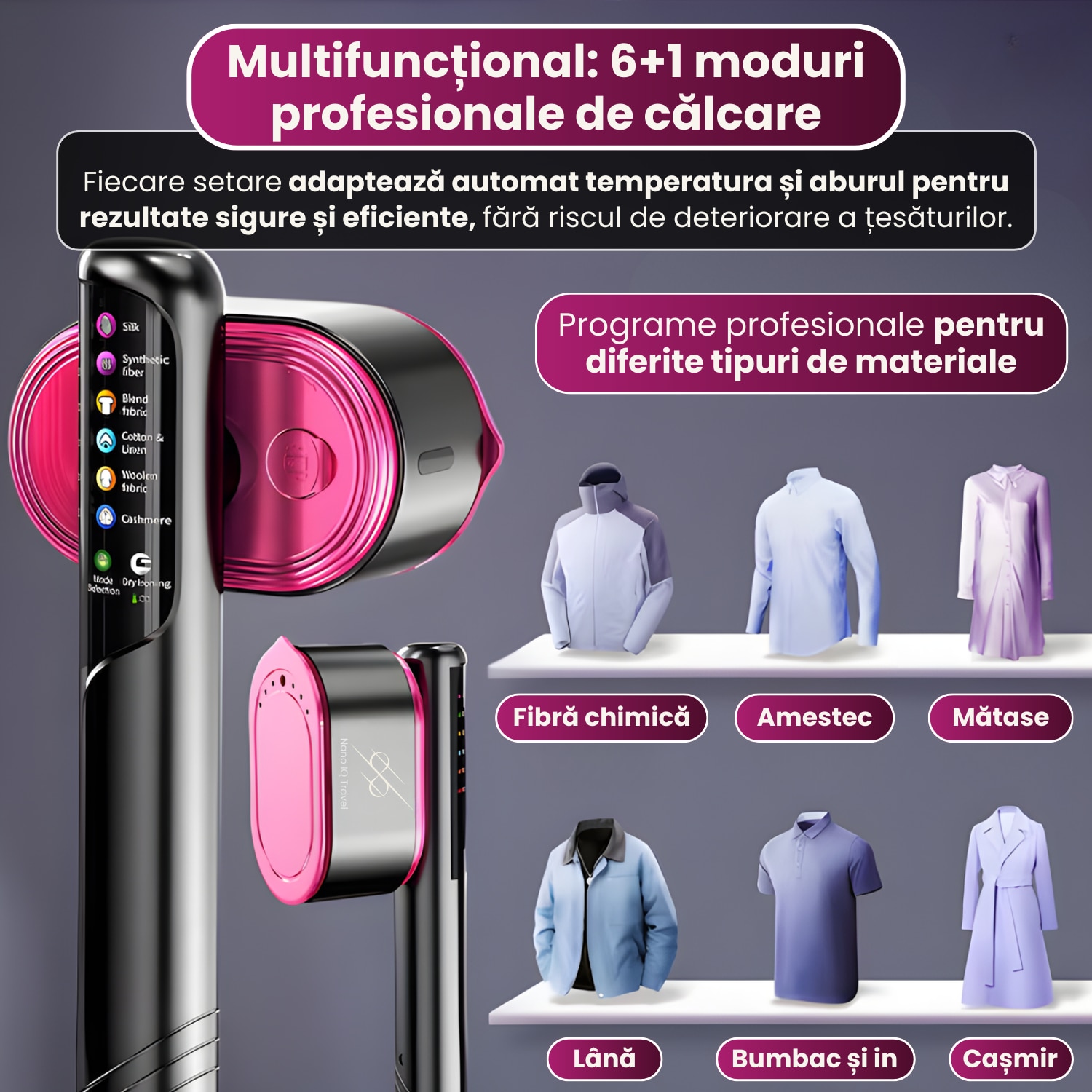 Pachet promo: Aparat de calcat vertical cu aburi Rapaz Nano IQ Travel, portabil si ultrausor, putere de 1200W, talpa ceramica premium, rezervor 130 ml, moduri inteligente pentru toate materialele, utilizare verticala si orizontala, ideal acasa/calatorii, gri ant + Covoras termorezistent THERMOMAT COVER, 60X55 cm calcat haine, rezistenta la caldura, anti-alunecare, antiaderent, pliabil si usor de folosit oriunde – ideal pentru acasa sau calatorii