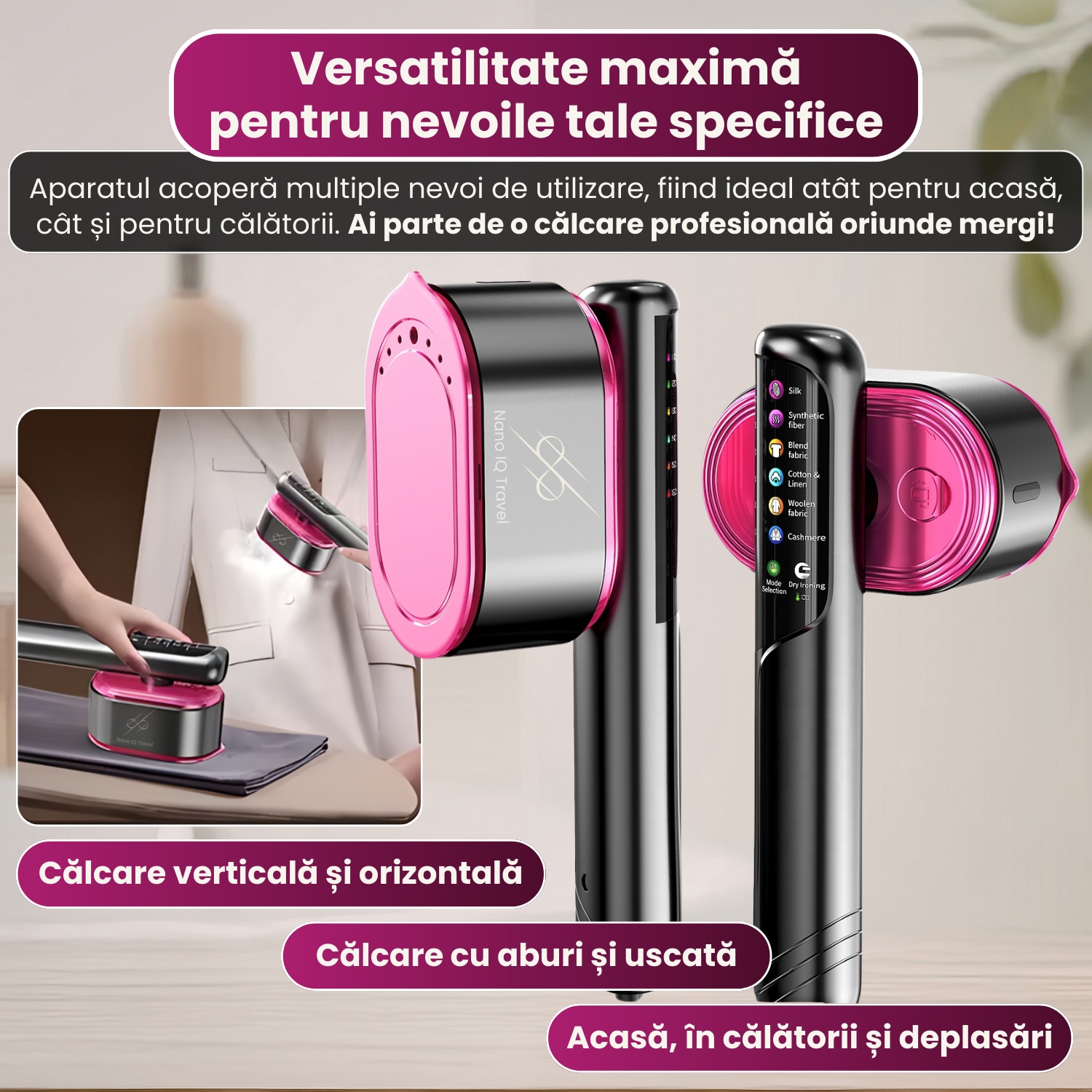 Pachet promo: Aparat de calcat vertical cu aburi Rapaz Nano IQ Travel, portabil si ultrausor, putere de 1200W, talpa ceramica premium, rezervor 130 ml, moduri inteligente pentru toate materialele, utilizare verticala si orizontala, ideal acasa/calatorii, gri ant + Covoras termorezistent THERMOMAT COVER, 60X55 cm calcat haine, rezistenta la caldura, anti-alunecare, antiaderent, pliabil si usor de folosit oriunde – ideal pentru acasa sau calatorii