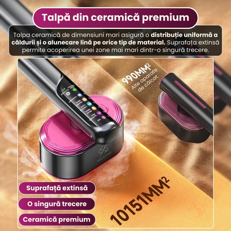 Pachet promo: Aparat de calcat vertical cu aburi Rapaz Nano IQ Travel, portabil si ultrausor, putere de 1200W, talpa ceramica premium, rezervor 130 ml, moduri inteligente pentru toate materialele, utilizare verticala si orizontala, ideal acasa/calatorii, gri ant + Covoras termorezistent THERMOMAT COVER, 60X55 cm calcat haine, rezistenta la caldura, anti-alunecare, antiaderent, pliabil si usor de folosit oriunde – ideal pentru acasa sau calatorii