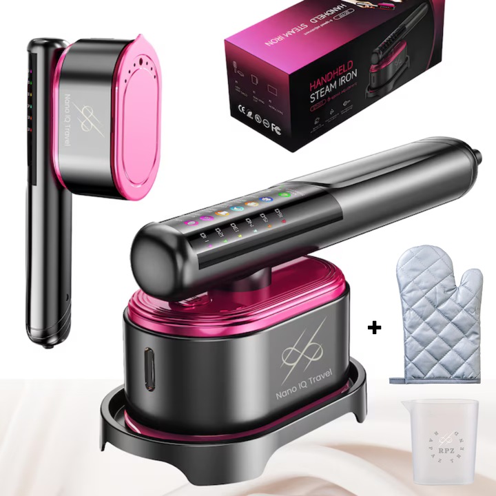 Aparat de calcat vertical cu aburi, putere de 1200W, rezervor 130 ml,6 moduri inteligente pentru toate materialele, talpa ceramica premium, portabil si ultrausor, utilizare verticala si orizontala, ideal acasa/calatorii, Rapaz Nano IQ Travel, antracit/roz