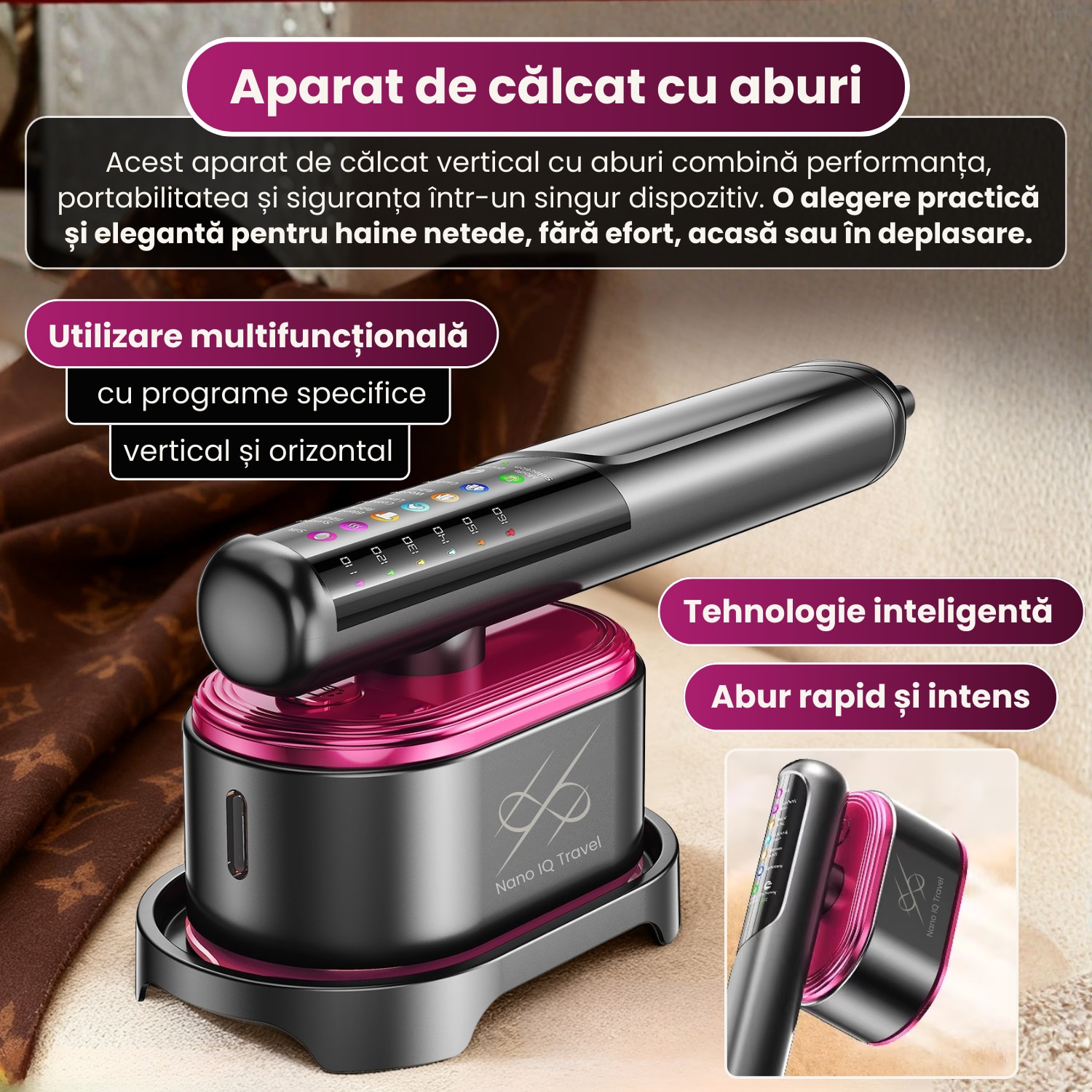 Pachet promo: Aparat de calcat vertical cu aburi Rapaz Nano IQ Travel, portabil si ultrausor, putere de 1200W, talpa ceramica premium, rezervor 130 ml, moduri inteligente pentru toate materialele, utilizare verticala si orizontala, ideal acasa/calatorii, gri ant + Covoras termorezistent THERMOMAT COVER, 60X55 cm calcat haine, rezistenta la caldura, anti-alunecare, antiaderent, pliabil si usor de folosit oriunde – ideal pentru acasa sau calatorii