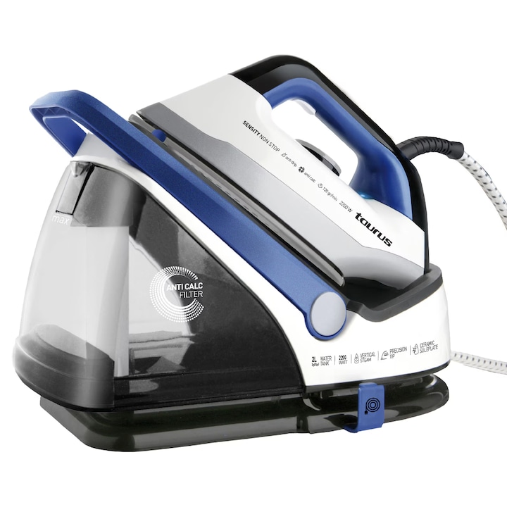 Statie De Calcat, TIRAVIS® TAURUS, Sensity Non Stop Cu Putere 2200W, Presiune Abur 5 Bar, Talpa Ceramica, Sistem Non-Stop Cu Rezervor Detasabil 2 L, Abur Continuu 120 g/min, Calcare Verticala, Autocuratare Si Filtru Anti-Calcar, Alb/Albastru