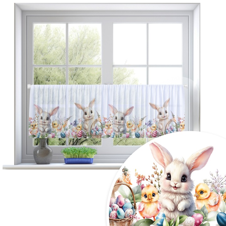 Perdele, Homeview, 150x50 cm, Pasti, Pentru camera de zi si dormitor, Cu tunel, Decorativ, Montaj usor, Poliester, Alb cu imprimeu, model 382