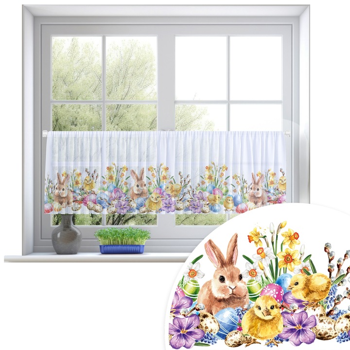 Perdele, Homeview, 150x50 cm, Pasti, Pentru camera de zi si dormitor, Cu tunel, Decorativ, Montaj usor, Poliester, Alb cu imprimeu, model 215