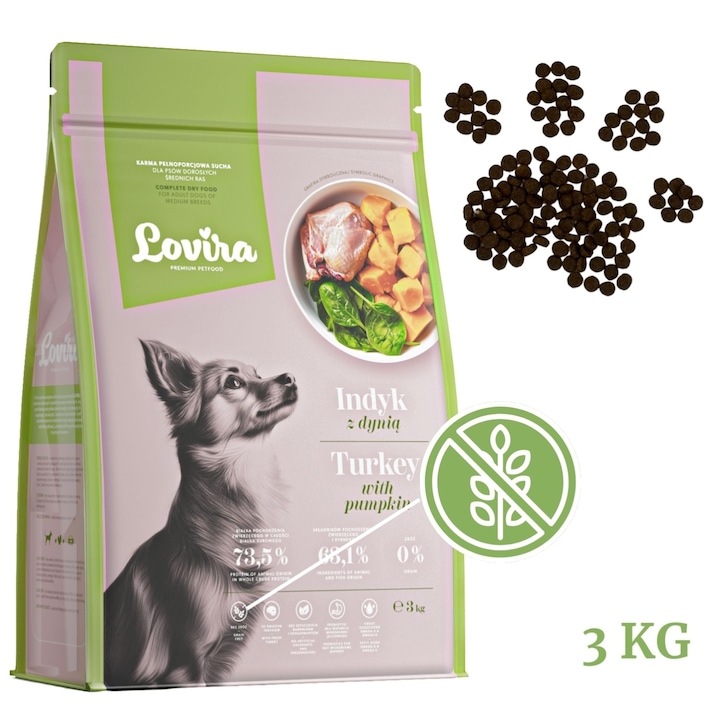 Hrana uscata pentru caini adulti, curcan cu dovleac, 3kg, hipoalergenica, 100% naturala