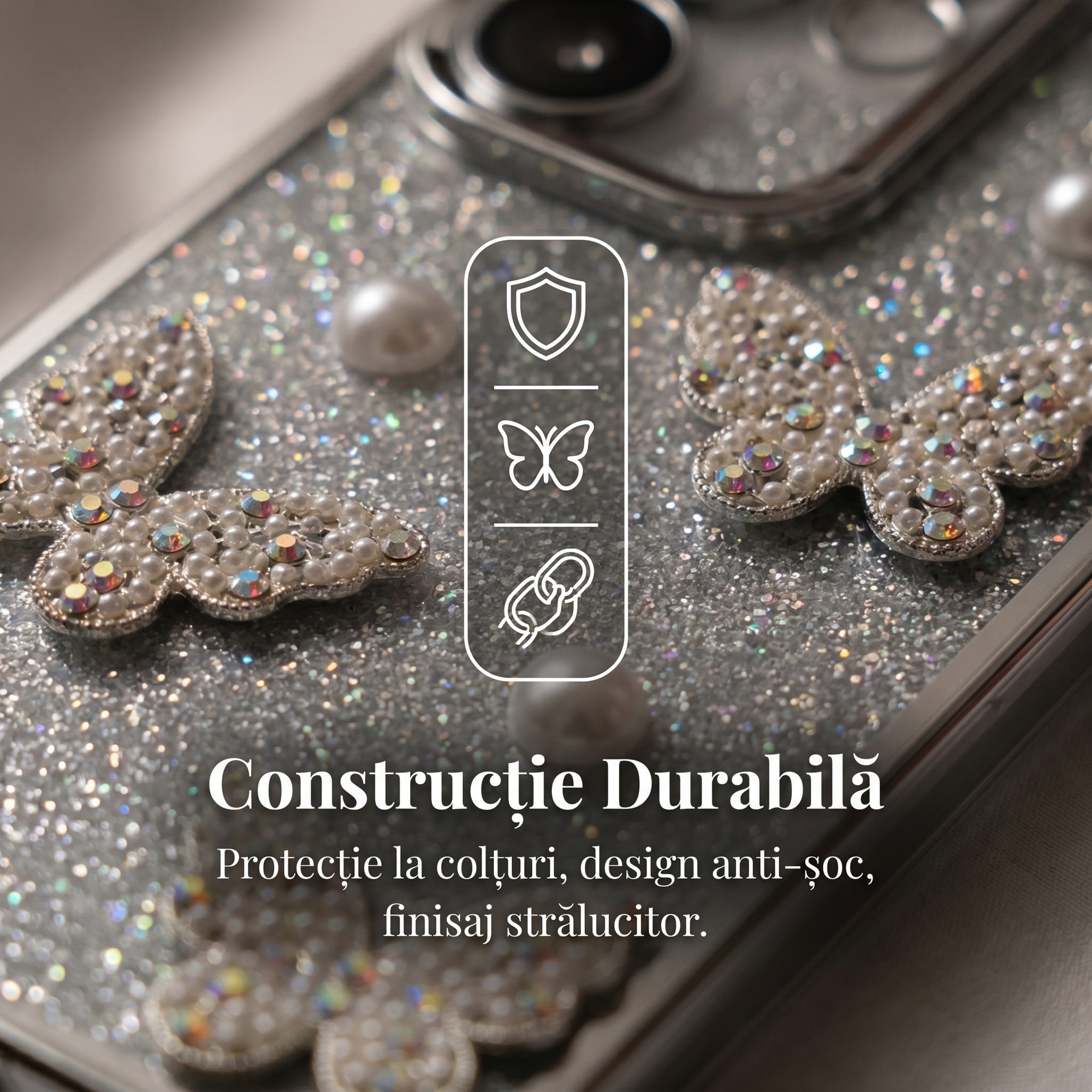 Husa pentru Samsung S26 Ultra, Cu Fluturi Strasuri si Lant Perle, Paiete Argintii, Antisoc, Top Favorite，LIXR-03EN
