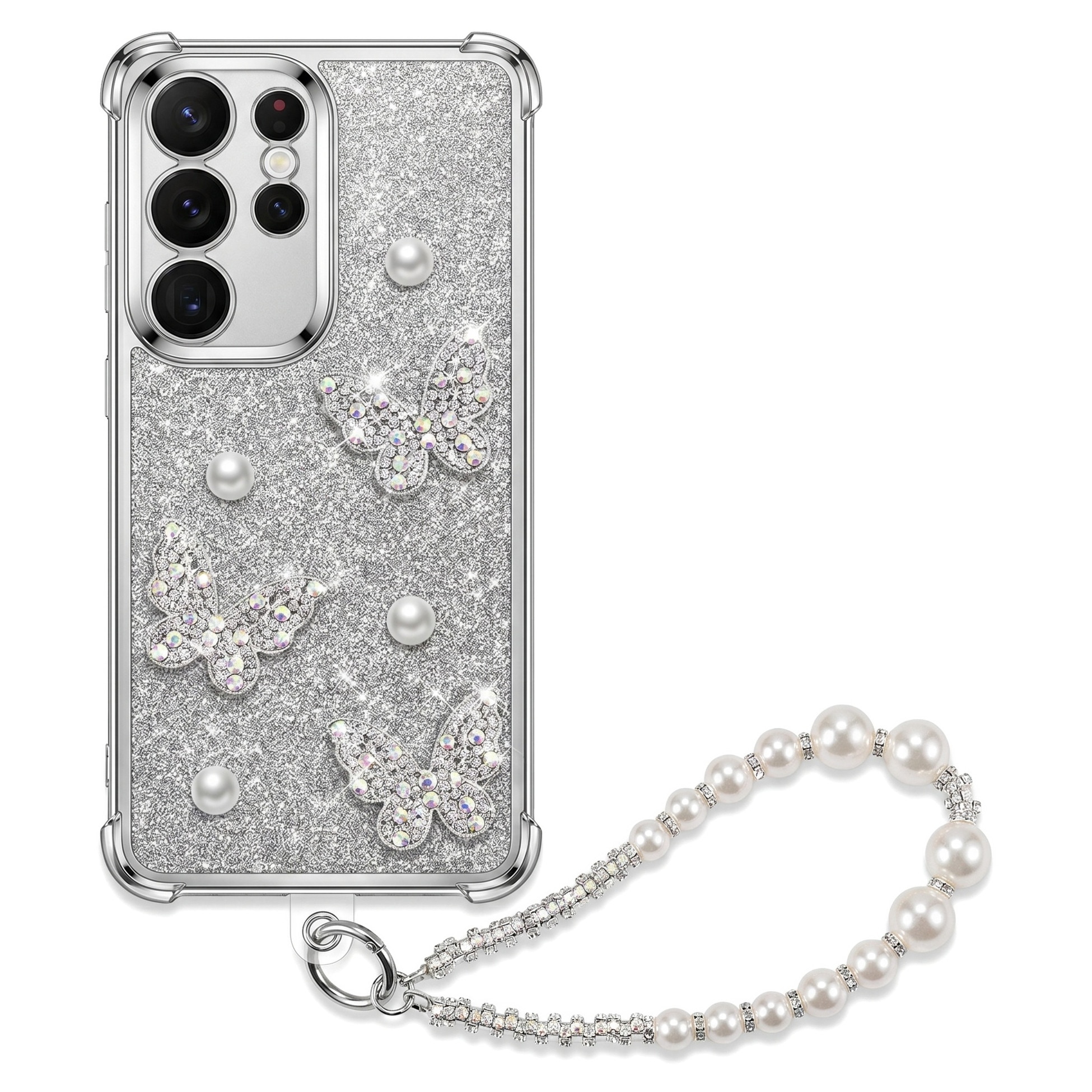 Husa pentru Samsung S26 Ultra, Cu Fluturi Strasuri si Lant Perle, Paiete Argintii, Antisoc, Top Favorite，LIXR-03EN