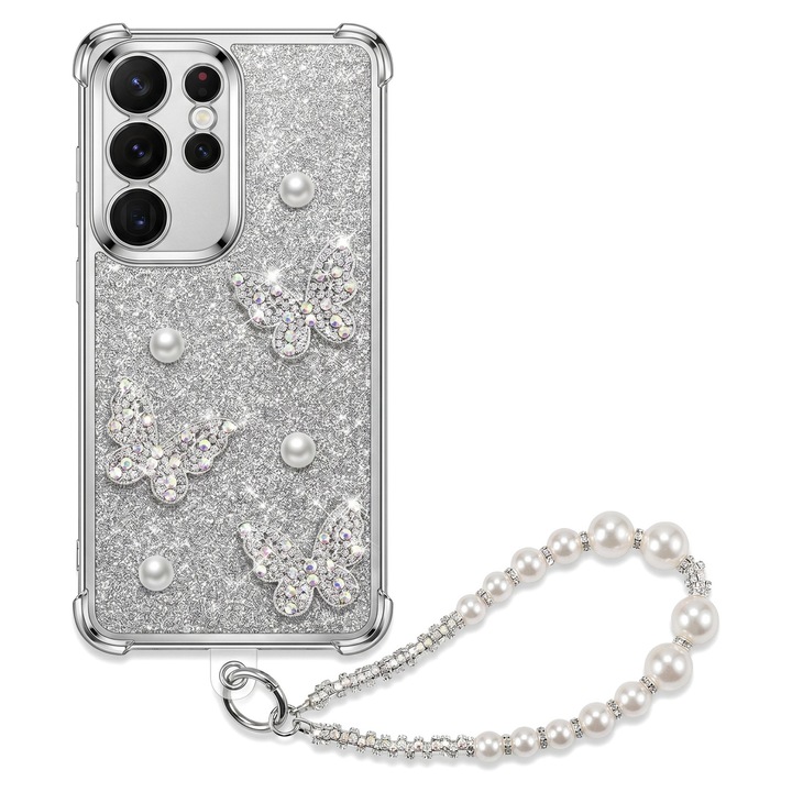 Husa pentru Samsung S26 Ultra, Cu Fluturi Strasuri si Lant Perle, Paiete Argintii, Antisoc, Top Favorite，LIXR-03EN