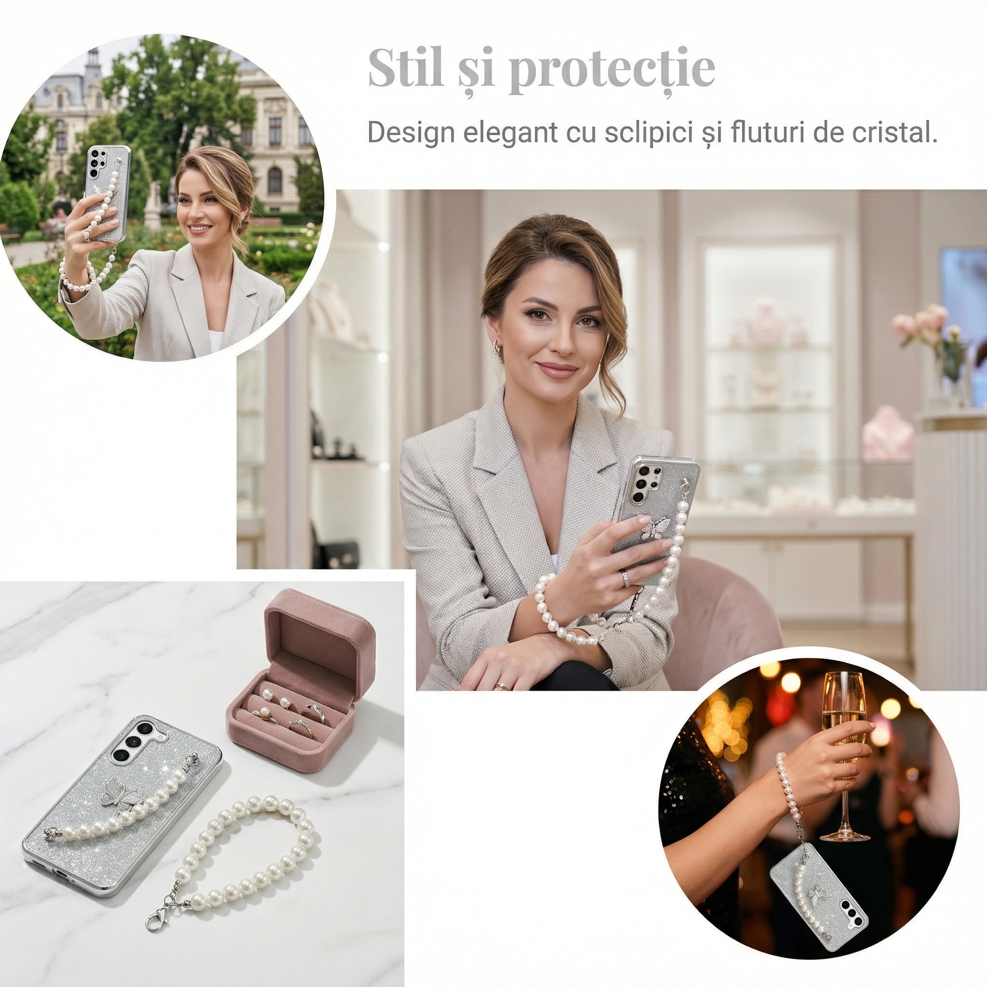 Husa pentru Samsung S26 Ultra, Cu Fluturi Strasuri si Lant Perle, Paiete Argintii, Antisoc, Top Favorite，LIXR-03EN