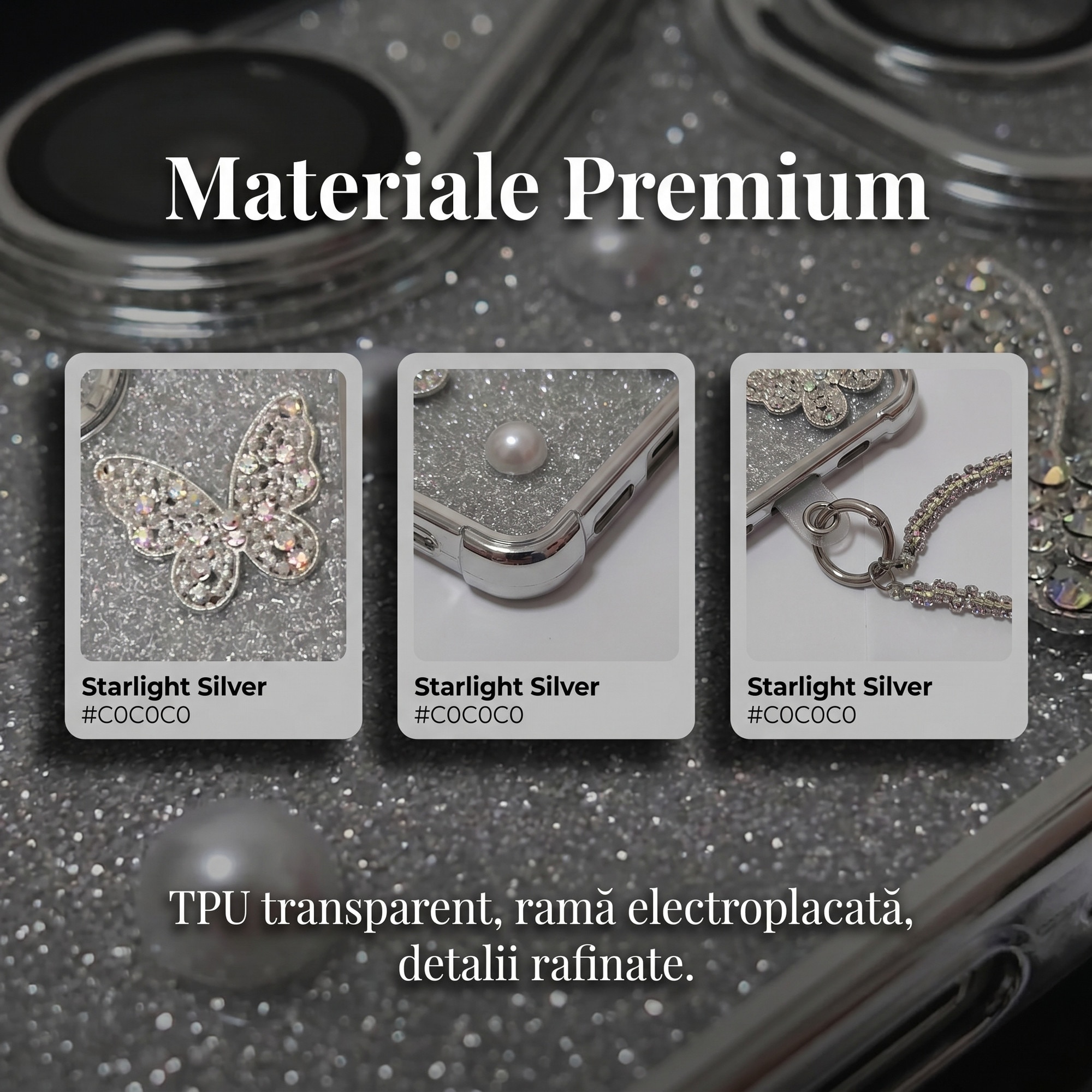 Husa pentru Samsung S26 Ultra, Cu Fluturi Strasuri si Lant Perle, Paiete Argintii, Antisoc, Top Favorite，LIXR-03EN