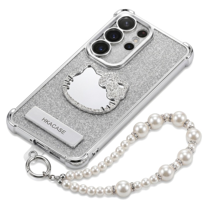 Husa pentru Samsung Galaxy S26 Ultra, Hello Kitty Cu Oglinda, Lant de Perle, Paiete Stralucitoare, Antisoc, Top Favorite，LIXR-03EN