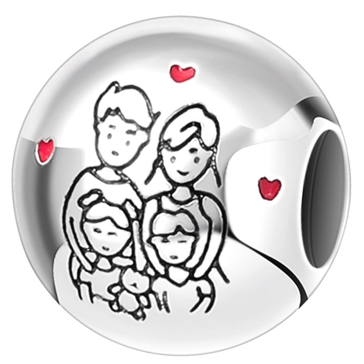 Charm bratara, Trusky, model familie, 11,2x9,9mm, cu detalii rosii