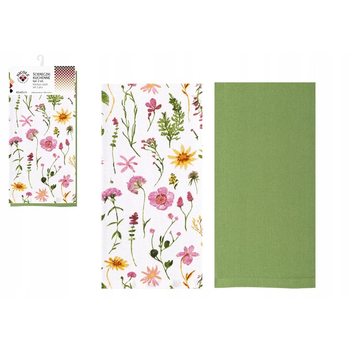 Set 2 prosoape de bucatarie din bumbac NICOLE 40x60 cm, verde cu flori
