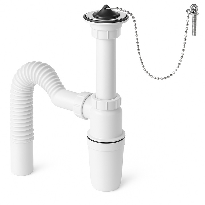 Sifon Merflow pentru chiuveta, cu teava de scurgere flexibila, rozeta si capac