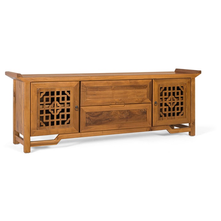 Comoda TV GINER Y COLOMER, lemn de tec, 2 sertare, 2 usi, natur, 60x180x38cm