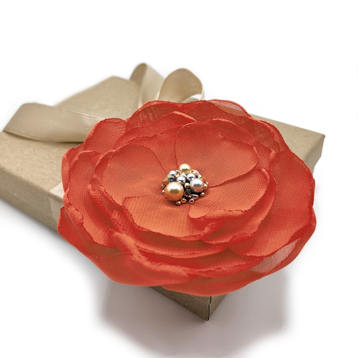 Brosa floare portocalie din voal cu perle si cristale, Zia Fashion, 10 cm