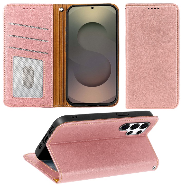 Калъф за Samsung Galaxy S25 Ultra, Omelivon, кожен флип калъф, с вътрешен портфейл, функция стойка и магнитно закопчаване, премиум покритие, противоударен, розов