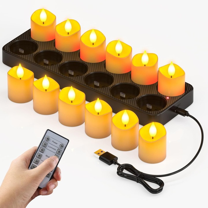 Set 12 lumanari LED reincarcabile cu statie de incarcare si telecomanda, efect de flacara, temporizator, 4 moduri luminare, 5 niveluri luminozitate, pentru Halloween, Craciun, nunta, petrecere