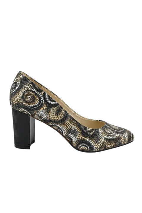 Pantofi dama, SandAli, piele naturala, varf rotund cu toc masiv 7 cm, imprimeu abstract, bej multicolor
