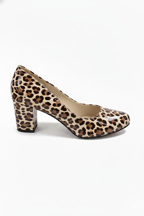 Pantofi dama, SandAli, piele lacuita, varf rotund cu toc masiv 6 cm, imprimeu leopard, bej