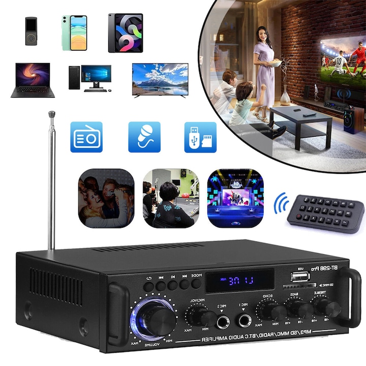 Стерео аудио усилвател Bluetooth CHOOLY BT-298Pro, 400W, двуканален, USB, SD, 18x13, 8x5, 5см