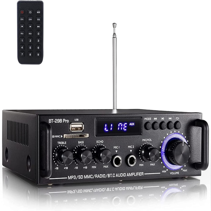 Amplificator audio stereo Bluetooth CHOOLY BT-298Pro, 400W, două canale, USB, SD, 18x13, 8x5, 5cm