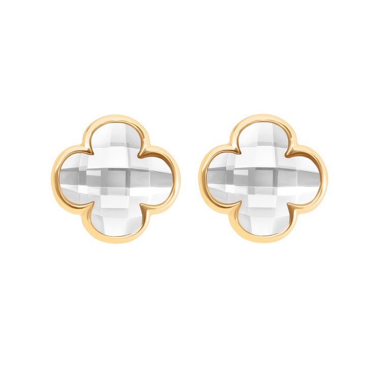 Cercei Lilou, forma de trifoi, cu cristal alb, placati cu aur, 1cm