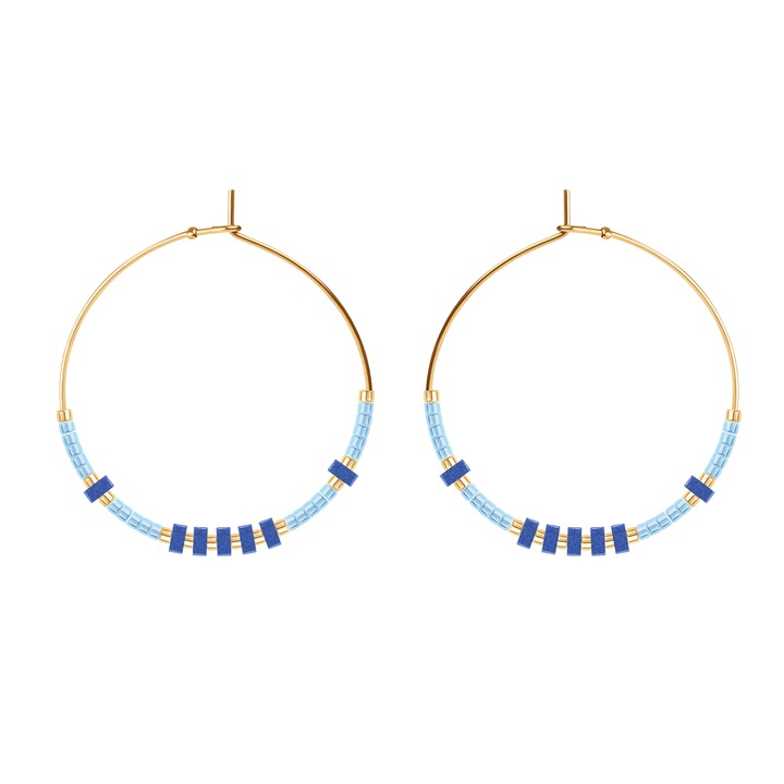 Cercei rotunzi, Lilou, cu margele japoneze Miyuki, culoare albastru deschis si auriu, 3,5 cm