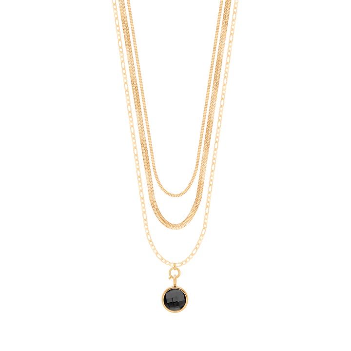 Colier multi-strat, Lilou, cristal negru, 48,5cm + 5cm prelungire, placat cu aur