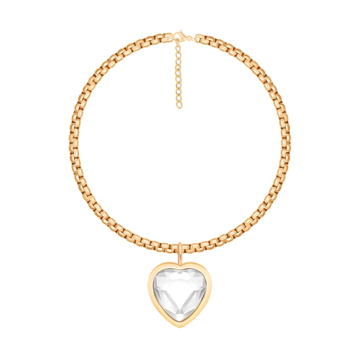 Bratara placata cu aur Lilou, pandantiv inima, sticla cristalina alba, 17+5 cm, Lilou