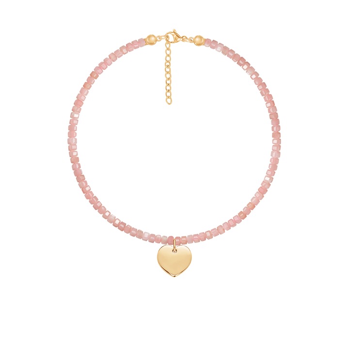 Bratara dama, Lilou, roz opal, 16+4 cm, cu pandantiv inima, placata cu aur
