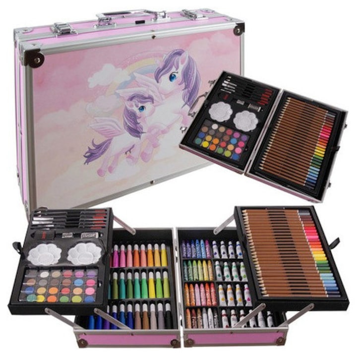 Set de Pictura si Desen Maaleo pentru Copii, 145 Piese, Tematica Unicorn, Include Vopsele Acrilice, Acuarele, Markere si Creioane, Valiza Metalica Roz