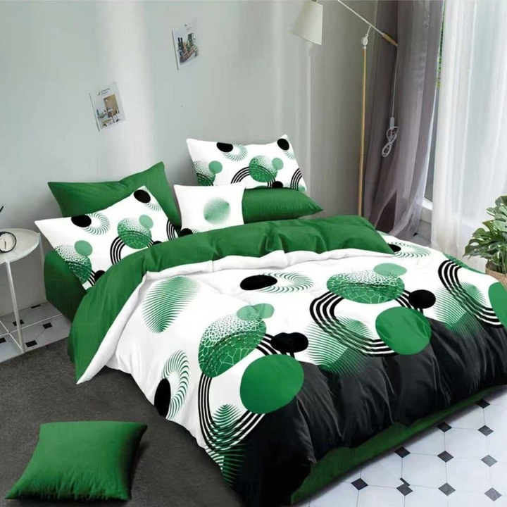 Lenjerie pat dublu din finet, cearceaf pat cu elastic 180x200 cm, 6 piese, Lenjerii Deosebite, Cercuri verzi geometric