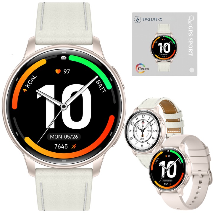 Smartwatch EvoWatch Naro by Evolve-x, AMOLED 1.32", Monitorizare Puls, Oxigen, Tensiune, GPS, Apeluri, Rezistent la apa 3ATM, Design elegant, Doua curele, Bej