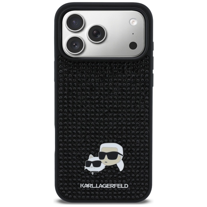 Husa Karl Lagerfeld Rhinestones Karl and Choupette Pin compatibila cu iPhone 17 Pro Max, Negru