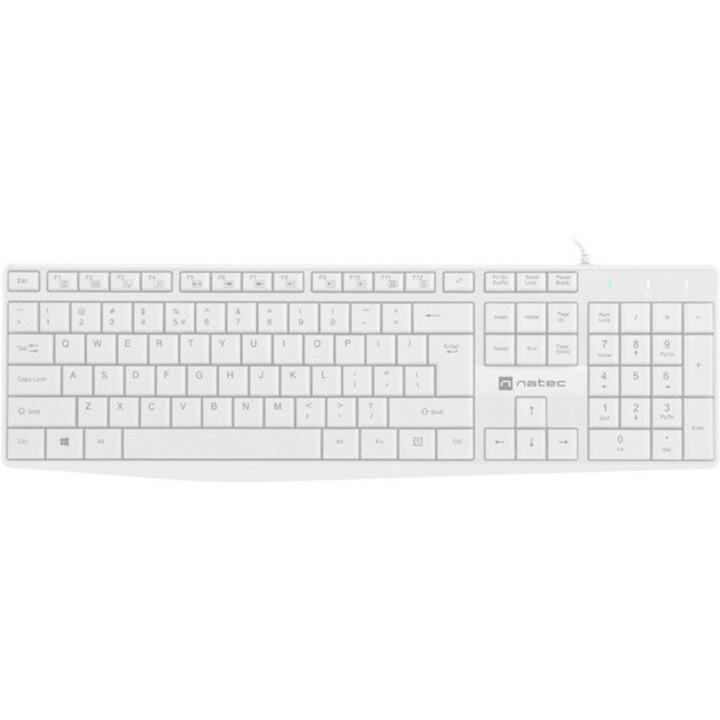 Клавиатура NATEC NAUTILUS, С кабел, Тънка с издръжлив мембранен механизъм, Тихи клавиши, Устойчива на течности, US layout, Бял