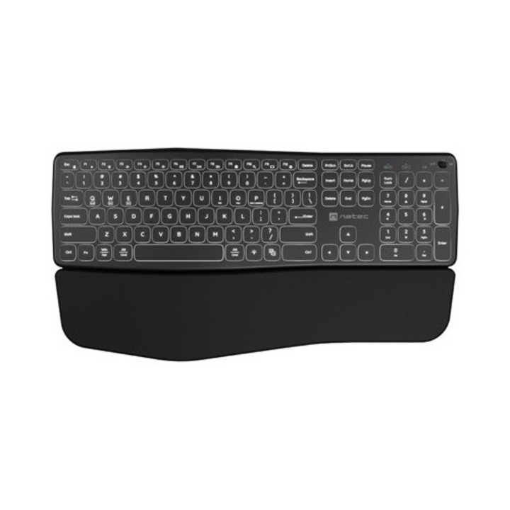 Клавиатура NATEC PORIFERA, Безжична (BT 5.0 + 2.4GHz), Тънка с X-Scissor механизъм, 3 нива на осветление, Магнитна поставка за длани, 750 mAh батерия, US layout, Черен