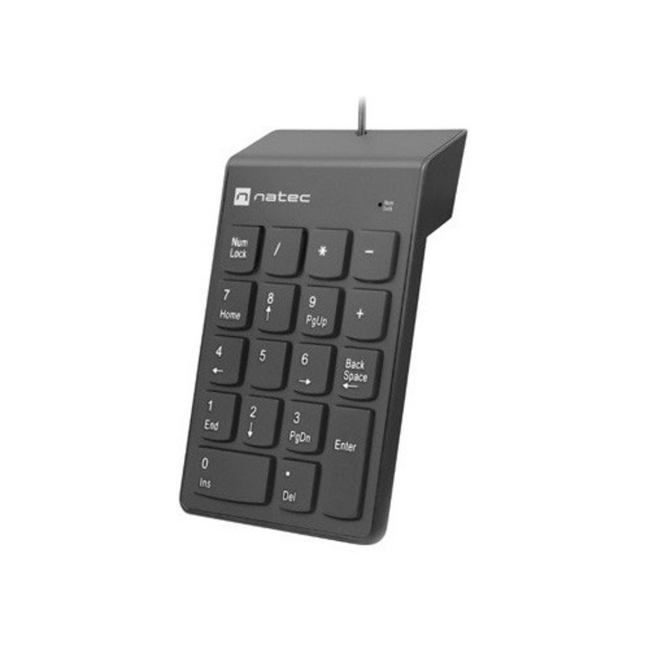 Цифрова клавиатура NATEC GOBY 2, С USB кабел, Компактна и лесна за използване, Издръжливи клавиши с UV слой, Модерен дизайн, Черен