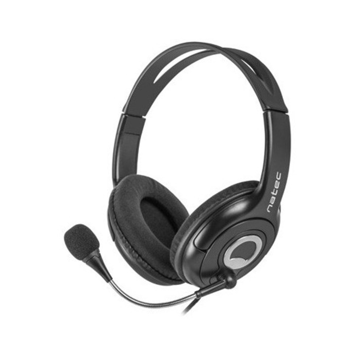 Офис слушалки с микрофон NATEC BEAR 2, Стерео, Леки, Велурени възглавнички, Устойчив текстилен кабел, Контрол за звука на кабела, Черен