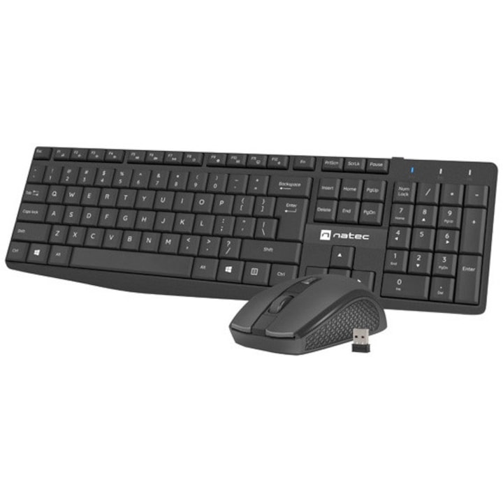 Комплект безжична клавиатура + мишка NATEC SQUID, US layout, Тънка клавиатура с тихи плоски клавиши, Оптична мишка 1600 DPI, Черен