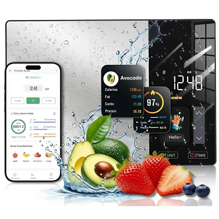 Cantar de Bucatarie Smart Vala Tech ®️, Display TFT Color, 50 Alimente Preincarcate, Analiza Nutritionala 23 Nutrienti, Bluetooth, Aplicatie Mobila, Monitorizare Calorii, Capacitate 5Kg, Precizie 2g, Fitness, Calorii